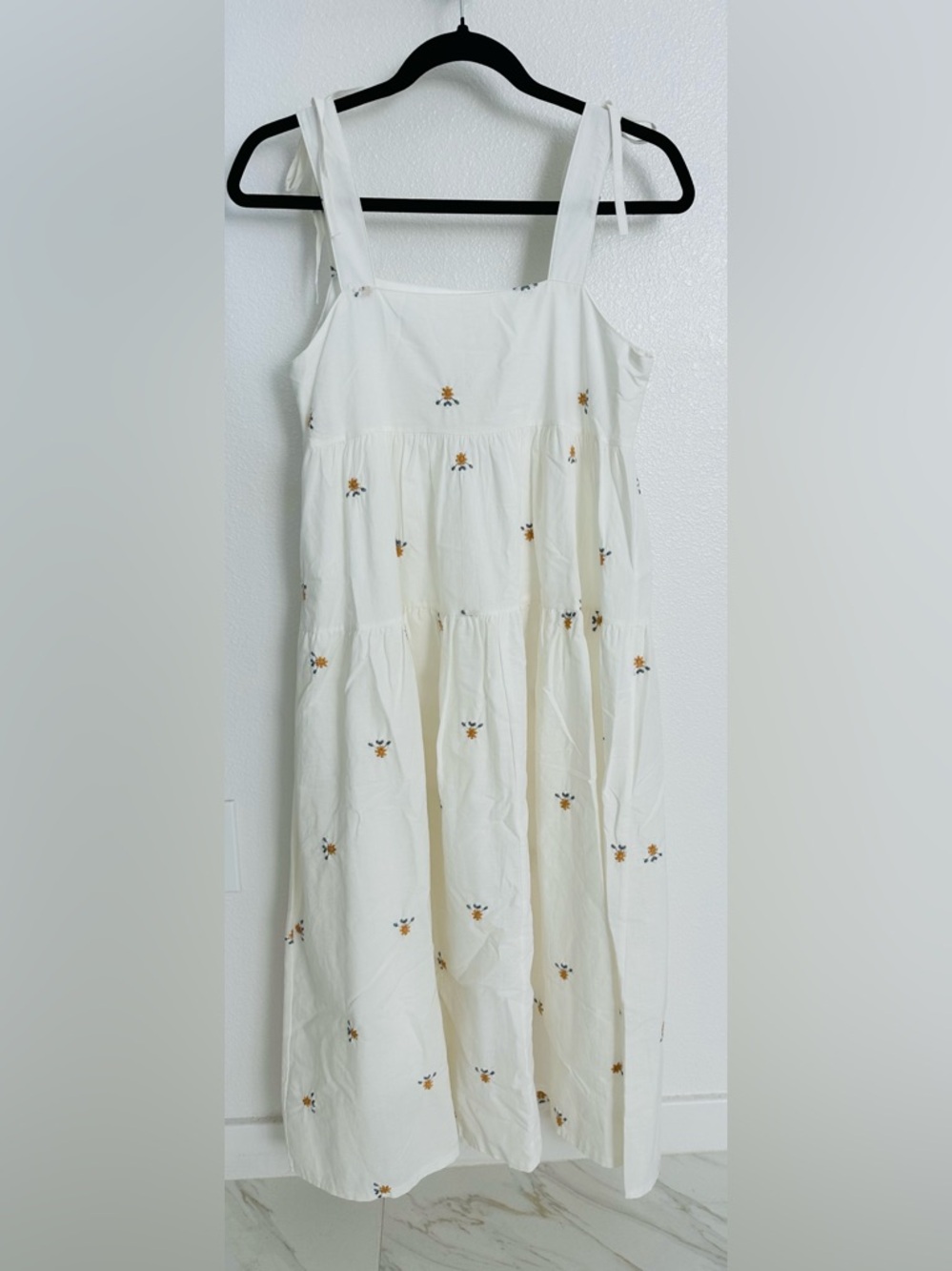 White Tiered Sundress with Tiny Yellow Floral Embroidery